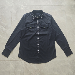 HYDROGEN男装长袖衬衫衬衣骷颅头刺绣修身时尚潮上衣黑上衣春秋款