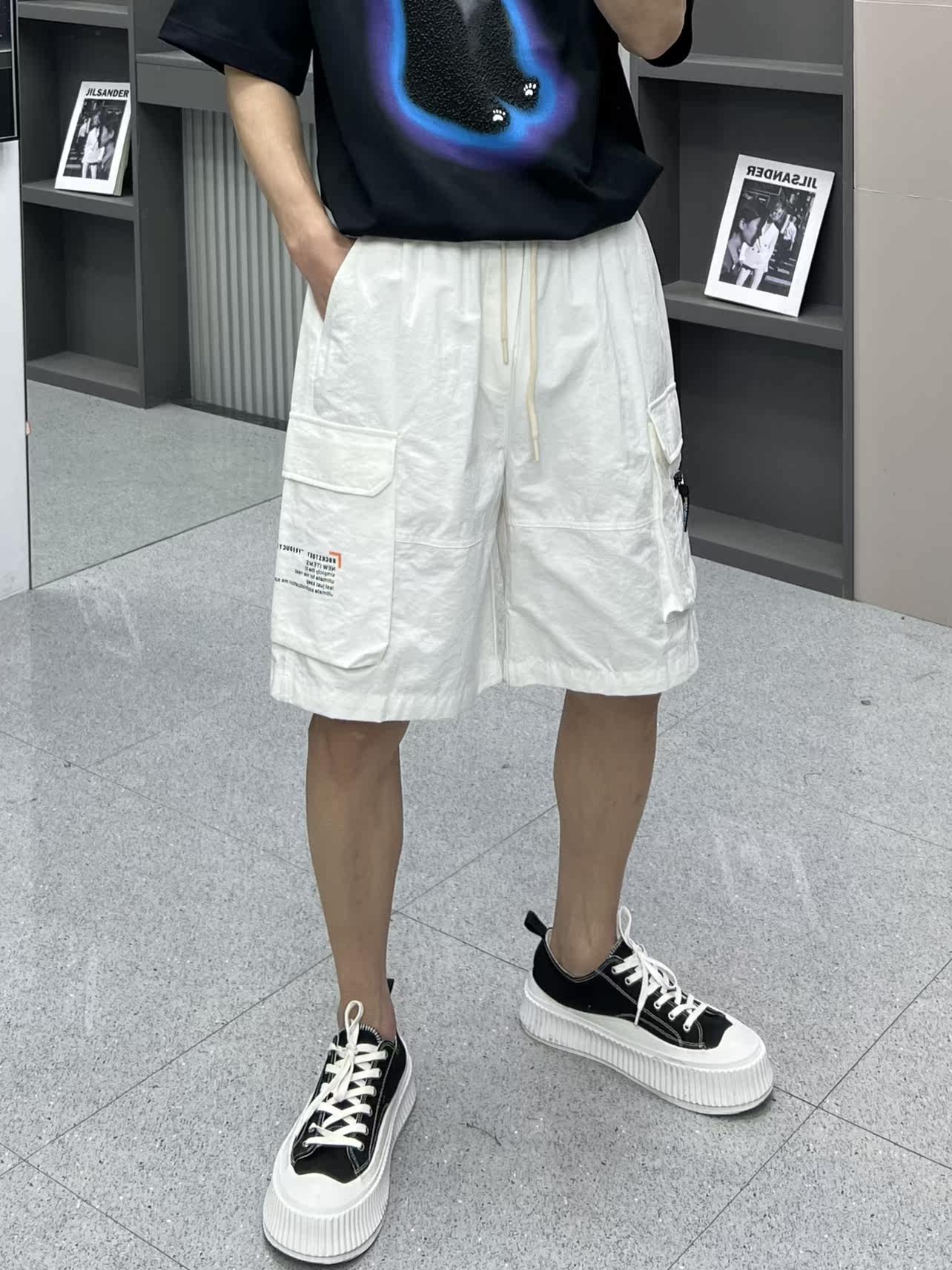 潮牌薄款白色工装五分裤男 青年帅气潮牌宽松阔版ins微跨哈伦短裤