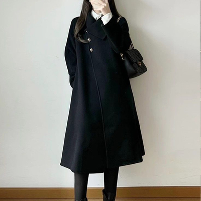 黑色呢子大衣女秋冬季高级感中长款毛呢外套设计感韩系赫本风外套