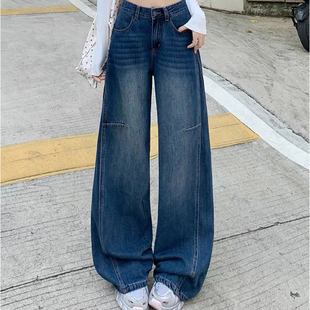 胖mm宽松显瘦遮胯阔腿镰刀裤 复古街头弯刀牛仔裤 大码 新款 女春秋季