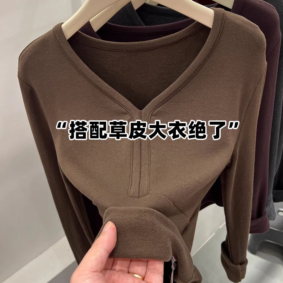 软糯加薄绒短款长袖T恤女洋气