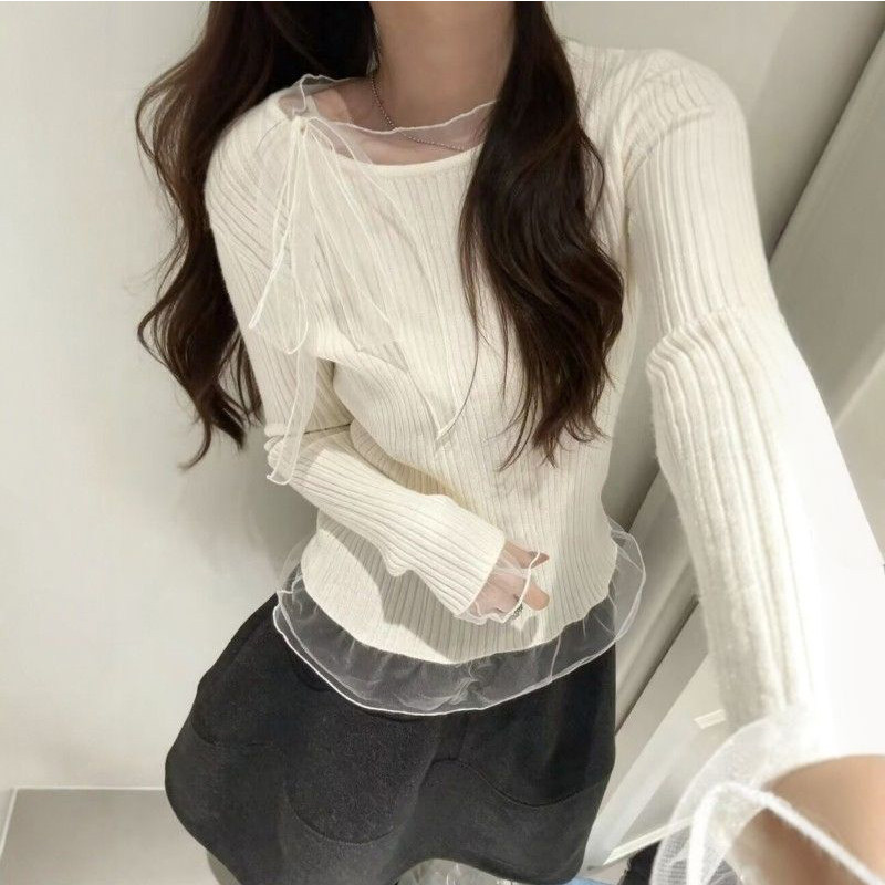 韩系白色网纱飘带针织打底衫女春秋季设计感小众内搭独特漂亮上衣,女装/女士精品,常规大码外套,淘宝优惠券,粉丝福利购,淘宝优惠卷