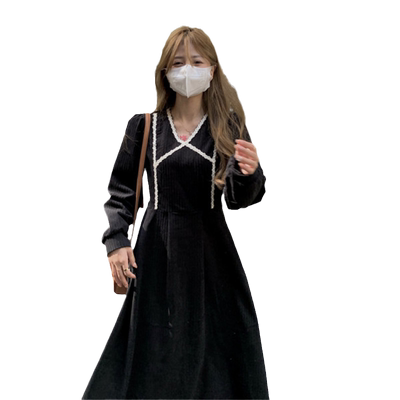 复古收腰灯芯绒奶甜连衣裙女秋冬配大衣赫本风法式小个子别致裙子