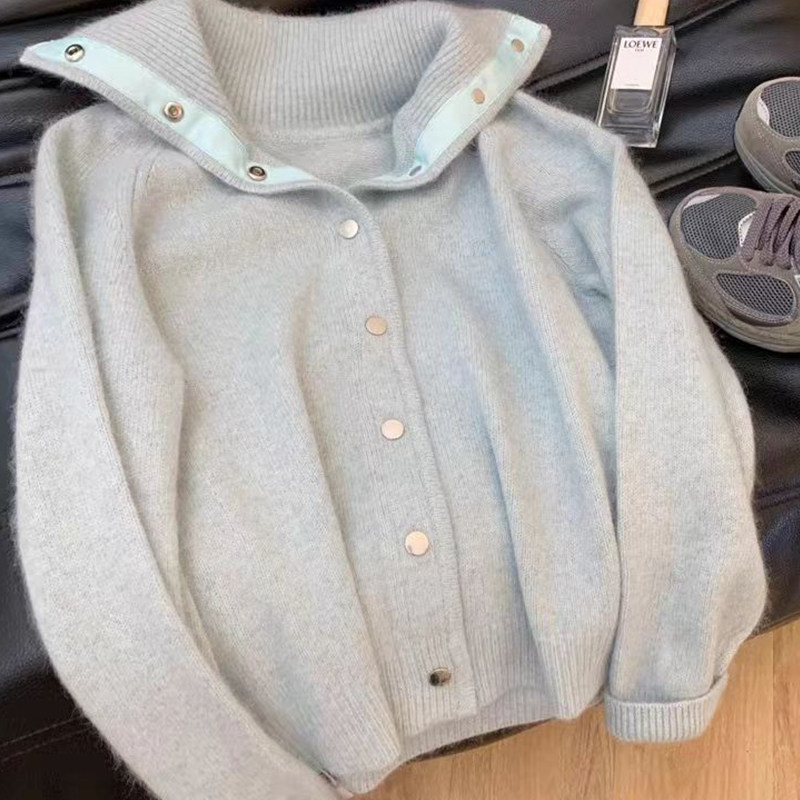 软蓝色翻领毛衣外套女秋冬季加厚慵懒软糯高领暗扣开衫针织衫上衣,女装/女士精品,常规大码外套,淘宝优惠券,粉丝福利购,淘宝优惠卷