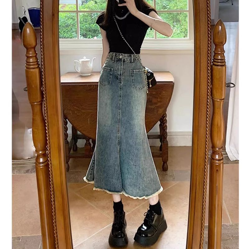 复古中长款鱼尾裙夏季款牛仔裙女