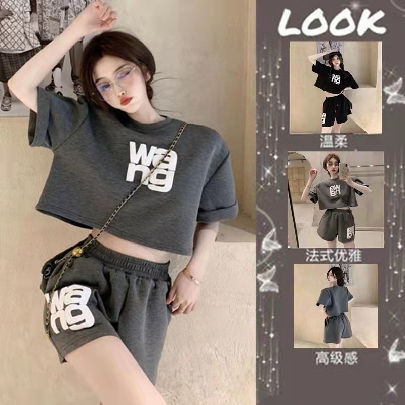 美式潮牌运动套装女夏季新款辣妹短款宽松纯欲上衣+休闲直筒短裤