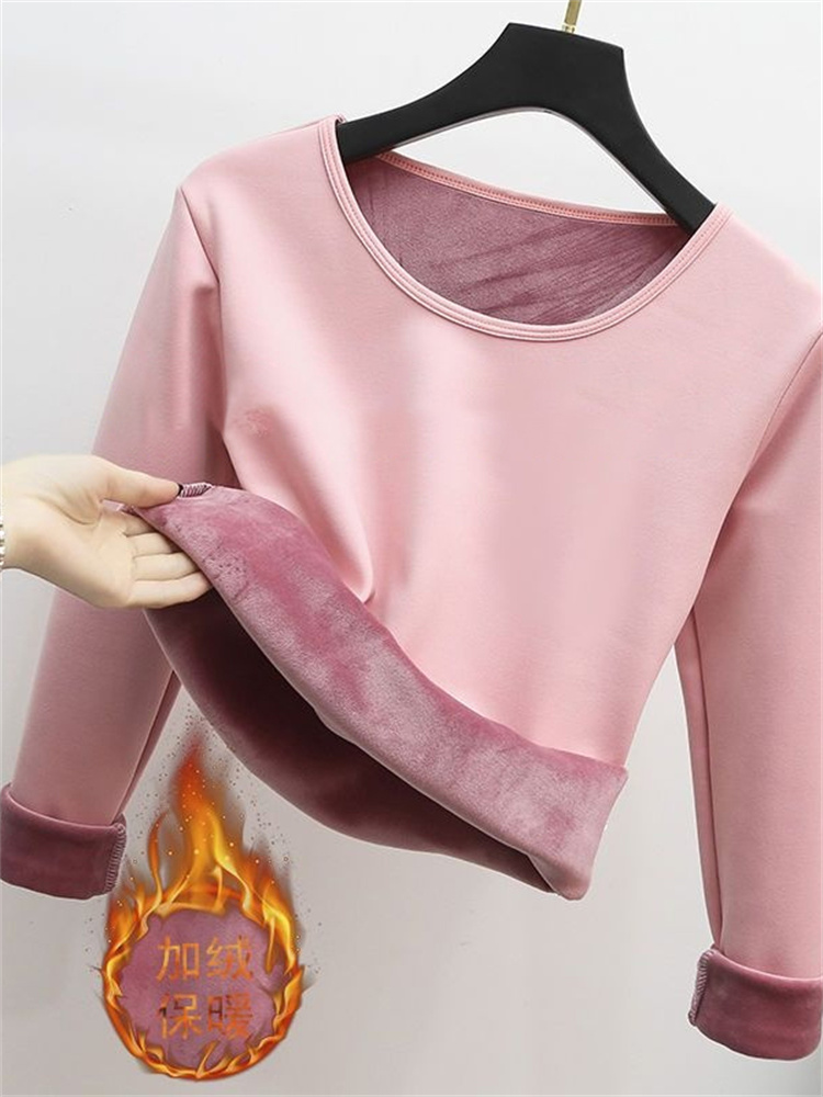 螺纹加绒打底衫女秋冬季圆领大码