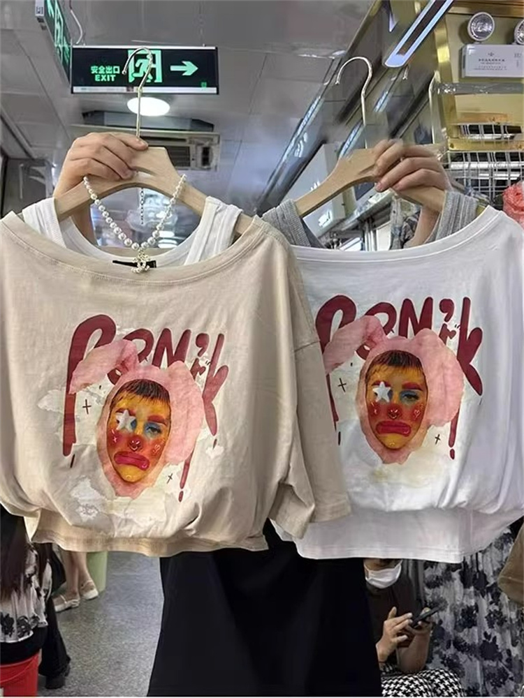 设计感小众假两件印花T恤短袖女