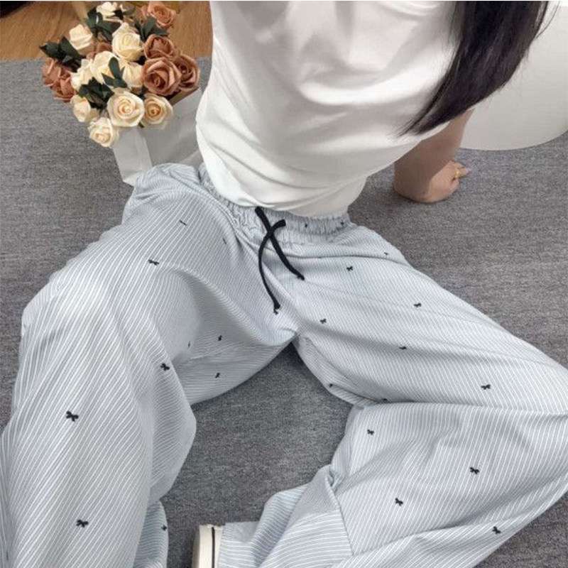 浅蓝色蝴蝶结条纹裤子女2026新款春夏韩系慵懒休闲高腰直筒阔腿裤,女装/女士精品,大码裤装,淘宝优惠券,粉丝福利购,淘宝优惠卷