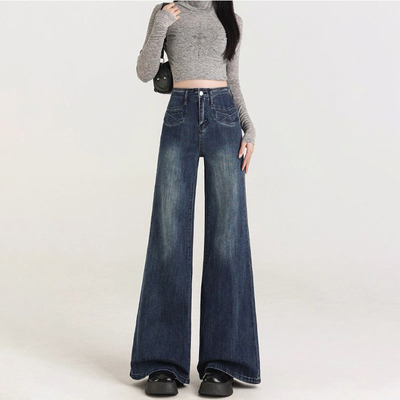美式复古高腰牛仔喇叭裤女弹力裤子梨型身材不贴腿宽松阔腿微喇裤