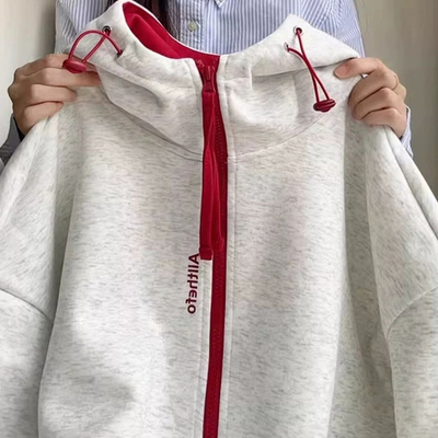 美式高街撞色连帽卫衣外套女秋冬加绒加厚2025新款韩系慵懒棒球服