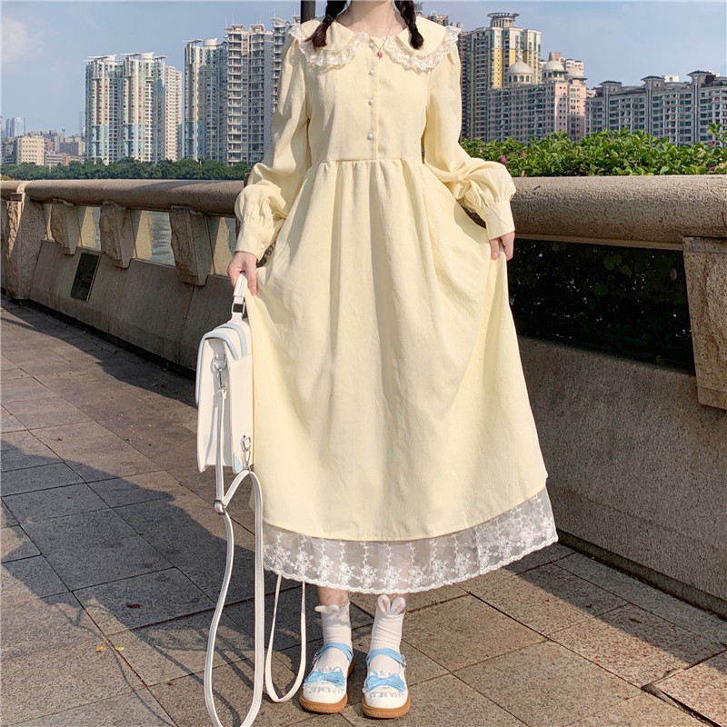 日系软妹蕾丝花边连衣裙女2026秋冬小众设计感收腰显瘦气质长裙子