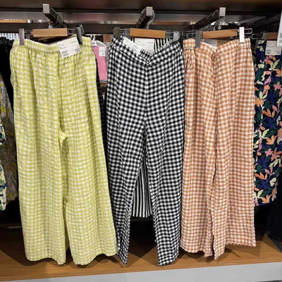 松紧高腰系带格子阔腿显瘦长裤女