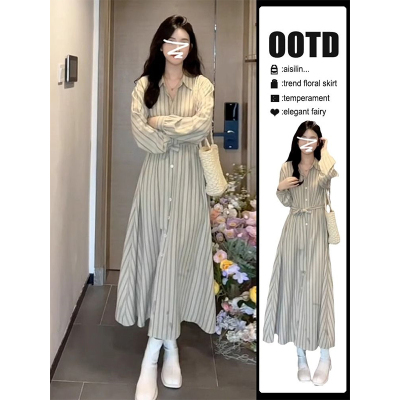 法式条纹长袖衬衫连衣裙子女2024