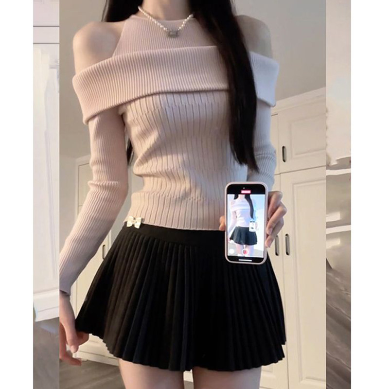 粉色假两件一字肩挂脖打底衫上衣女秋冬2026年新款设计感露肩毛衣,女装/女士精品,大码内搭,淘宝优惠券,粉丝福利购,淘宝优惠卷