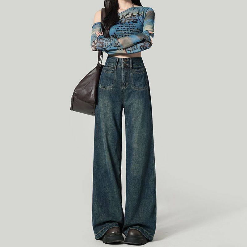 双扣设计微喇叭阔腿牛仔裤女2026新款高腰复古宽松秋冬直筒拖地裤,女装/女士精品,大码裤装,淘宝优惠券,粉丝福利购,淘宝优惠卷