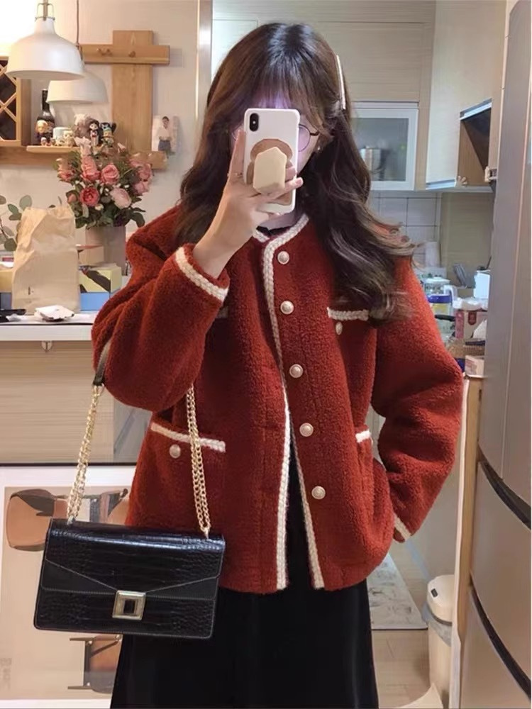 红色小香风短款外套女2023秋冬季小个子宽松加厚气质名媛开衫上衣