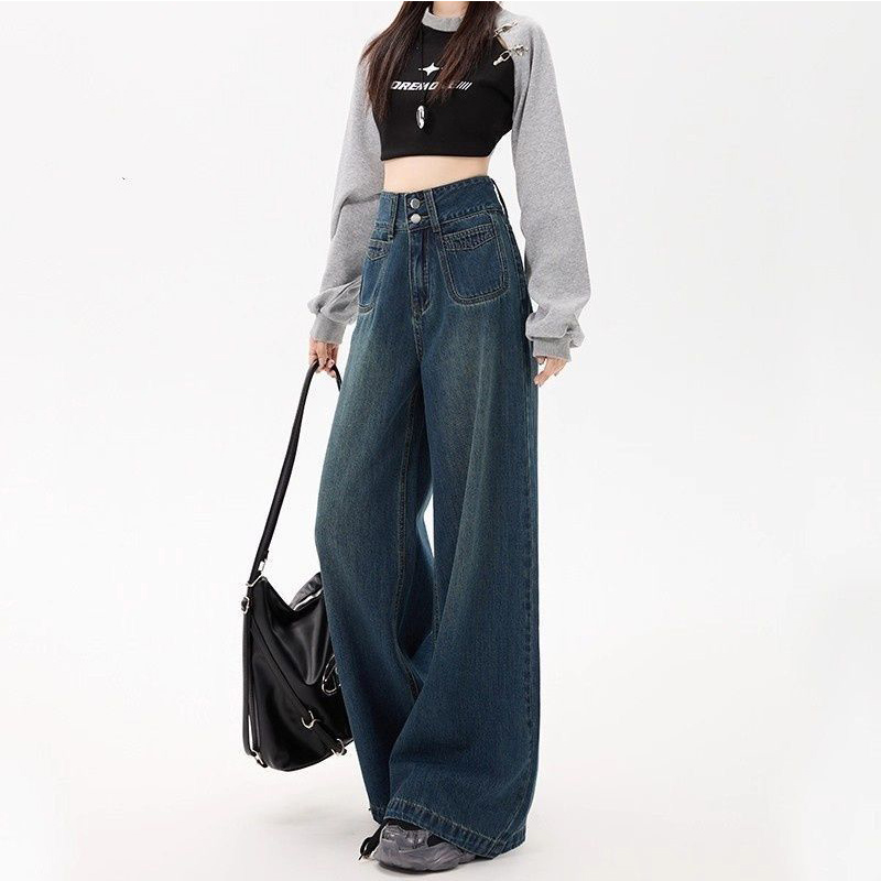 冬季加绒加厚裤子女加长款高个子牛仔裤高腰超长拖地阔腿女裤秋冬