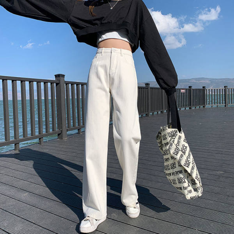 米白色阔腿牛仔裤女夏高腰显瘦韩版百搭薄款宽松破洞垂感加长拖地