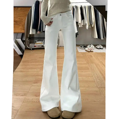 白色微喇加绒牛仔裤女2025新款大码胖mm显瘦宽松不贴腿直筒喇叭裤