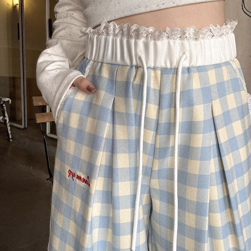 蓝色格子裤女2026夏季新款大码胖mm高腰宽松显瘦直筒休闲阔腿裤子,女装/女士精品,大码裤装,淘宝优惠券,粉丝福利购,淘宝优惠卷