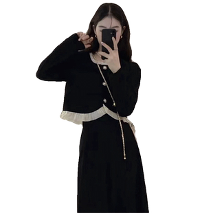 法式复古小香风两件套装女秋冬季新款赫本风黑色上衣灯芯绒一整套