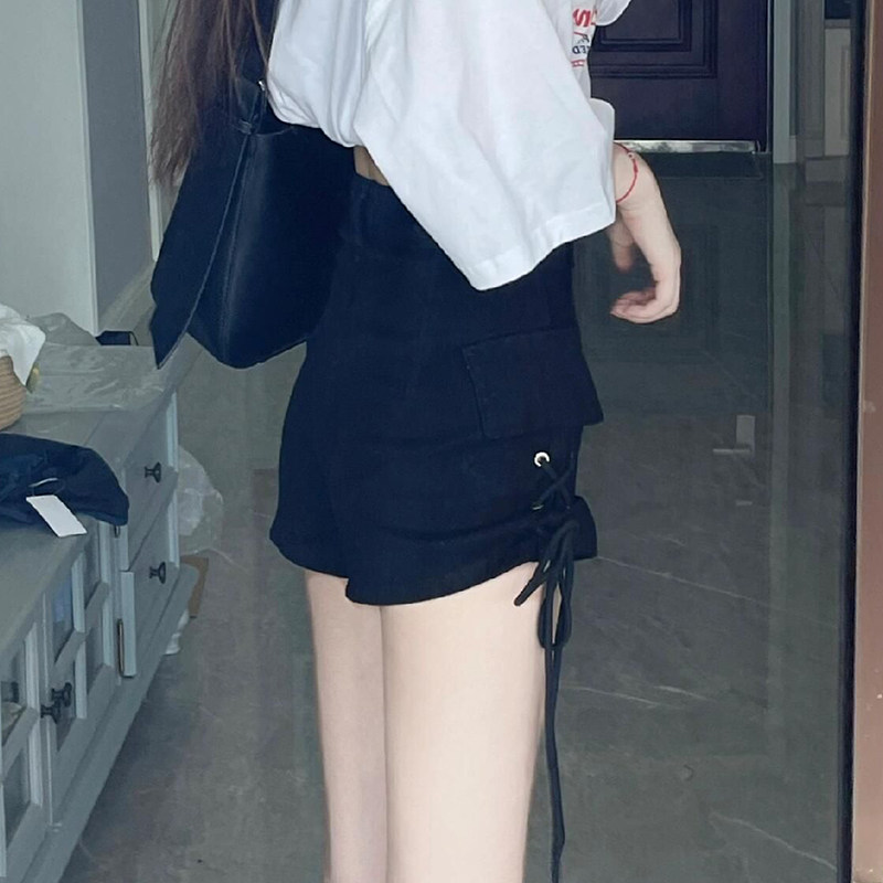 黑色牛仔短裤女春夏薄款设计感侧绑带紧身弹力高腰a字辣妹热裤子,女装/女士精品,大码裤装,淘宝优惠券,粉丝福利购,淘宝优惠卷