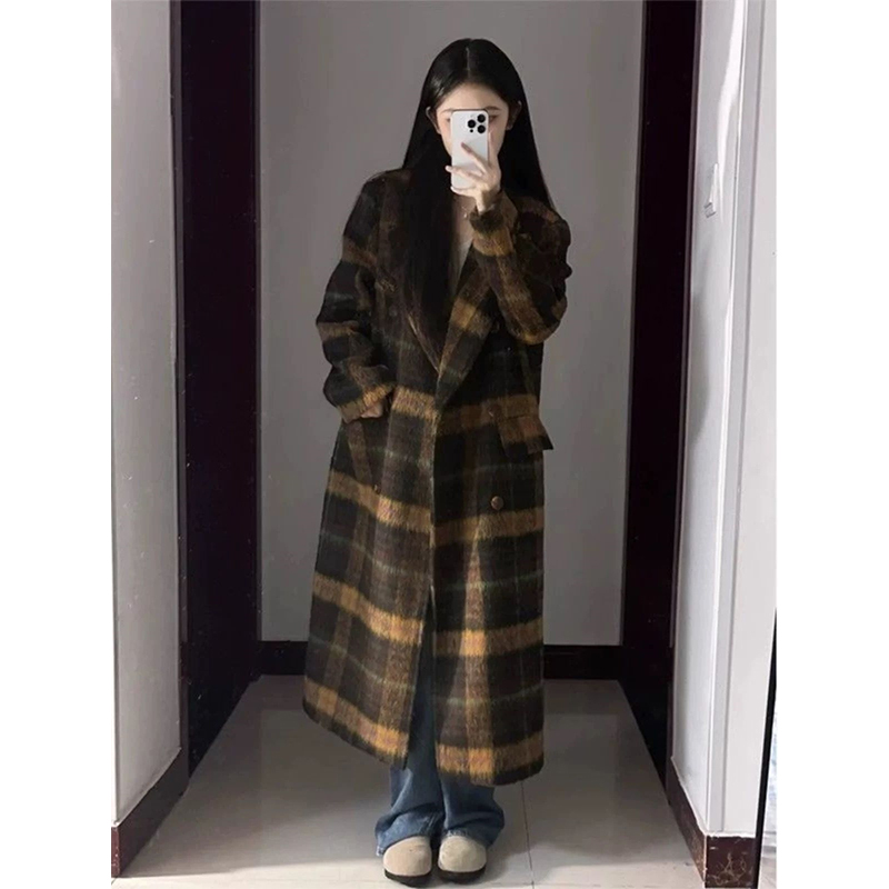中长款格子呢子大衣女2025秋冬季
