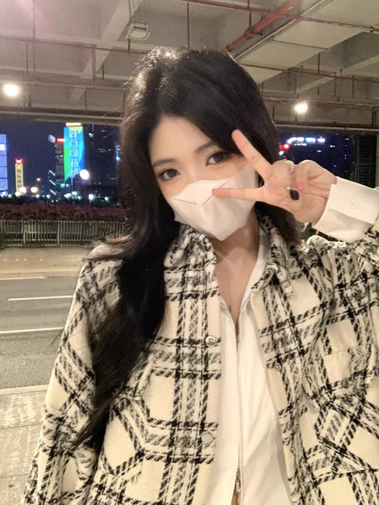 春秋oversize格子长袖衬衫外套女