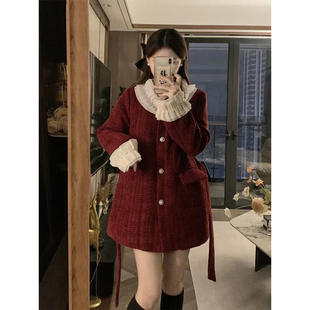 新年战袍红色毛呢外套女秋冬2025新款 富家千金小香风夹棉呢子大衣