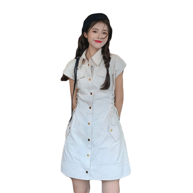 2023新款工装风Polo初恋茶歇气质抽绳收腰衬衫连衣裙子女夏季薄款