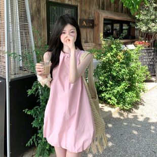 背心吊带连衣裙女夏多巴胺亮色新疆海边度假娃娃花苞短裙 粉色无袖