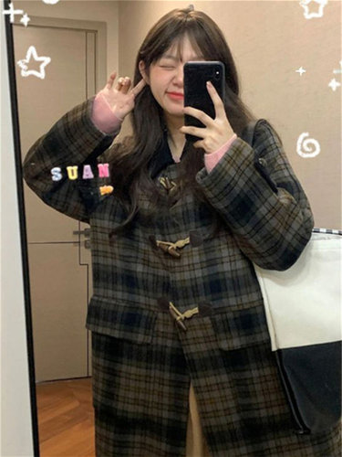 格子牛角扣呢子大衣女秋冬季2025