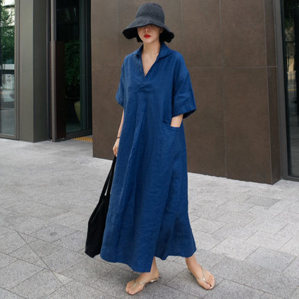 夏装新款短袖棉麻连衣裙女过膝长款韩版宽松大码时尚休闲亚麻裙子