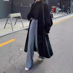 纯诗曼新款海马毛长款针织开衫女慵懒风宽松浴袍式毛衣针织外套