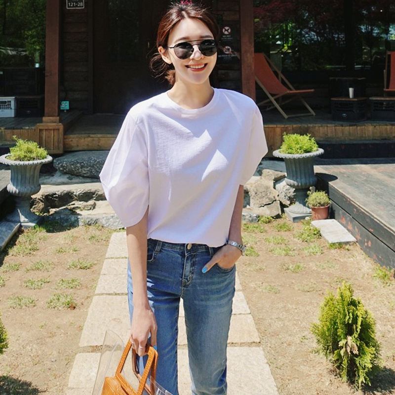 夏装新款女装灯笼袖圆领纯棉短袖衬衫T恤韩版宽松大码时尚体恤衫