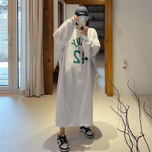 春秋新款女装过膝长款韩版宽松大码时尚慵懒风印字套头卫衣连衣裙