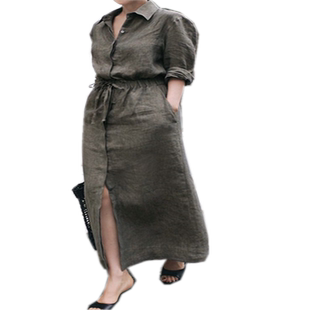 长袖新款棉麻衬衫连衣裙女中长款韩版抽绳收腰显瘦时尚亚麻衬衣裙