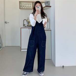 春秋新款牛仔吊带裤女大码宽松阔腿裤时尚显瘦背带裤bf牛仔长裤潮