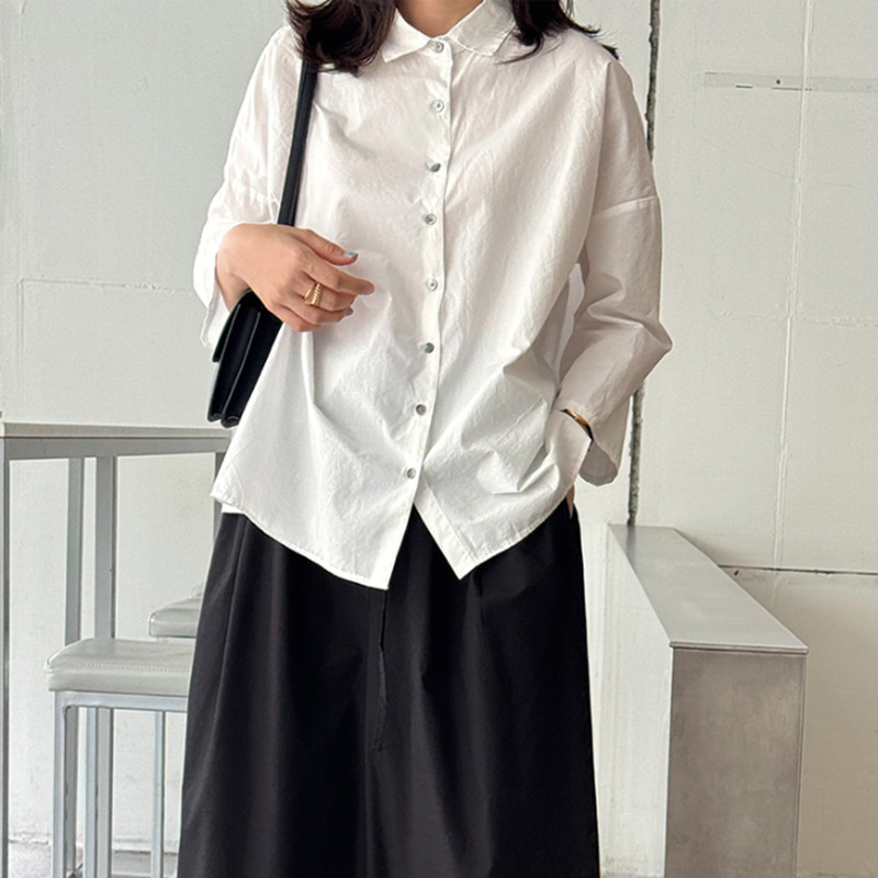 新款纯色简约长袖衬衫女韩版宽松大码时尚纯棉气质百搭白色衬衣潮