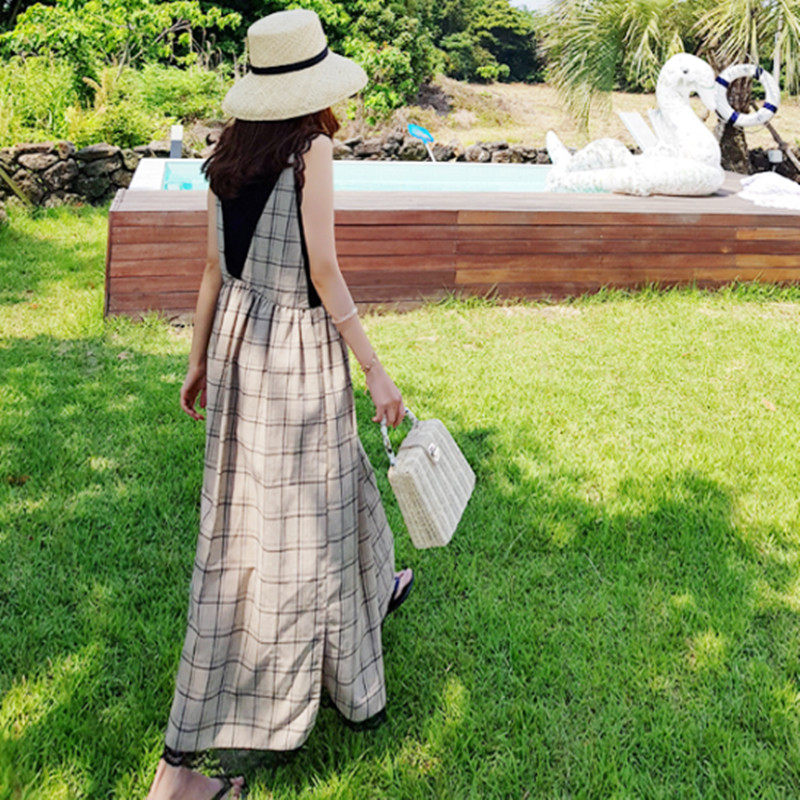 无袖背心格子连衣裙女蕾丝拼接中长款韩版宽松大码娃娃背带裙子潮