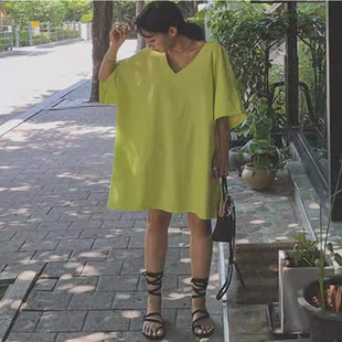 纯诗曼夏新款棉麻V领连衣裙女短款韩版宽松大码休闲时尚亚麻裙子