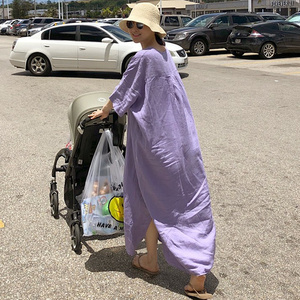 夏装新款棉麻连衣裙女过膝长款韩版宽松大码V领侧开叉休闲裙子潮