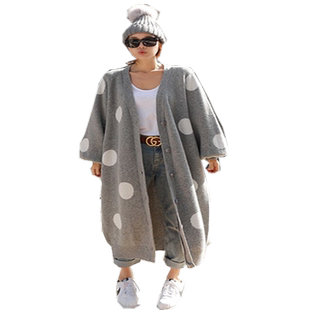 秋冬新款毛针织开衫女过膝长款韩版宽松大码波点毛衣时尚休闲外套