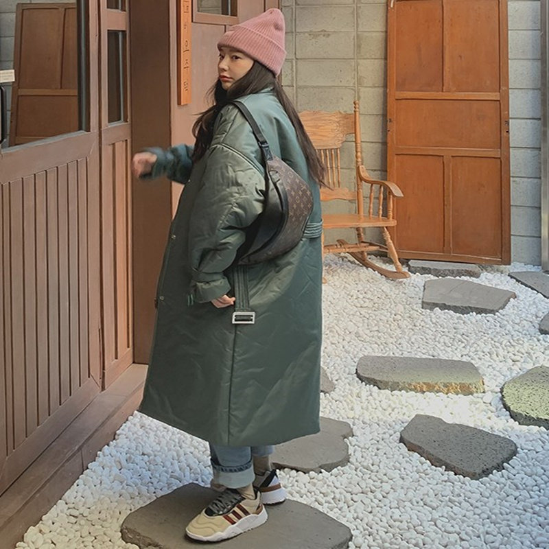 冬装新款过膝长款棉衣女韩版宽松大码灯笼袖系带休闲时尚羽绒棉服