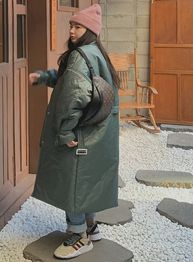 冬装新款过膝长款棉衣女韩版宽松大码灯笼袖系带休闲时尚羽绒棉服