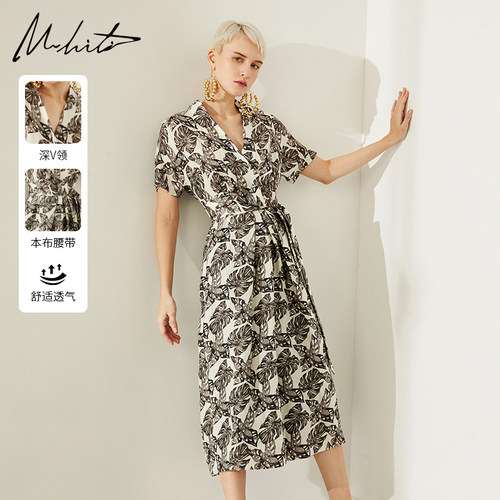 Mhiti优雅印花亚麻短袖连衣裙女