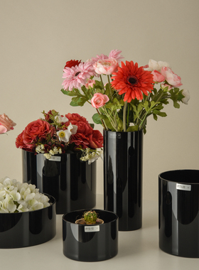 北欧黑色花瓶极简家用客厅摆件插花鲜花花器创意轻奢直筒水培桌面