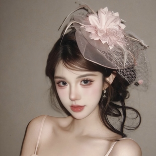 法式千金粉色网纱小礼帽名媛新娘头纱发饰女礼服配饰生日头饰帽子