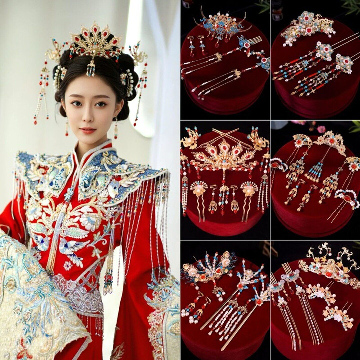 明制古风景泰蓝汉服头饰配饰烧蓝流苏全套发簪子头花女童皇冠全套